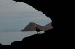 De dentro da gruta, gaivota observa o mar na ilha de Espíritu Santo, região de La Paz, na Baja California - México