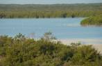 Flamingos vistos bem de longe, em North Caicos