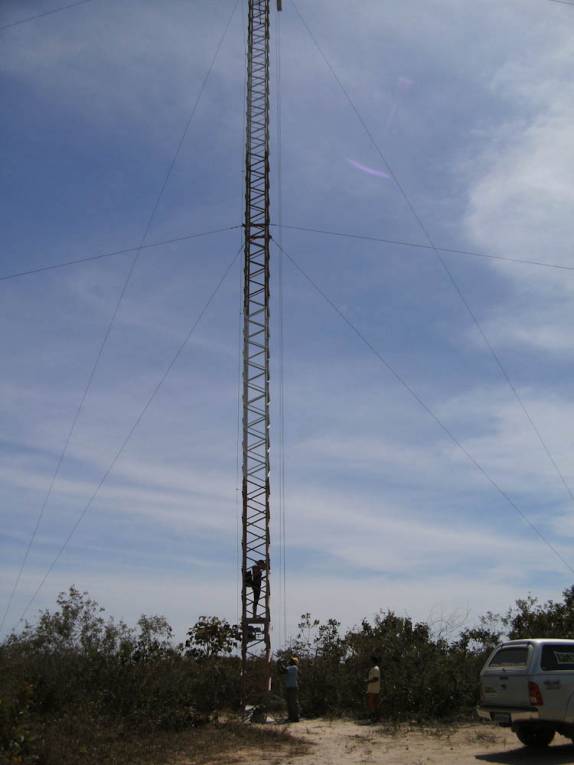 Ana subindo na torre guarda-incêndio, no Parque Nacional Grande Sertão Veredas - MG, próximo à Chapada Gaúcha