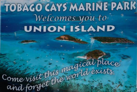 Cartaz com propaganda de Tobago Cays, em Union Island, ilha no sul de São Vicente e Granadinas, no Caribe Cartaz com propaganda de Tobago Cays, em Union Island, ilha no sul de São Vicente e Granadinas, no Caribe