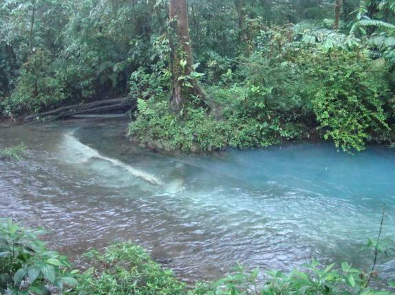 O ponto em que, por uma reação química, o rio se torna 'celeste' no Parque Nacional Tenorio, no norte da Costa Rica
