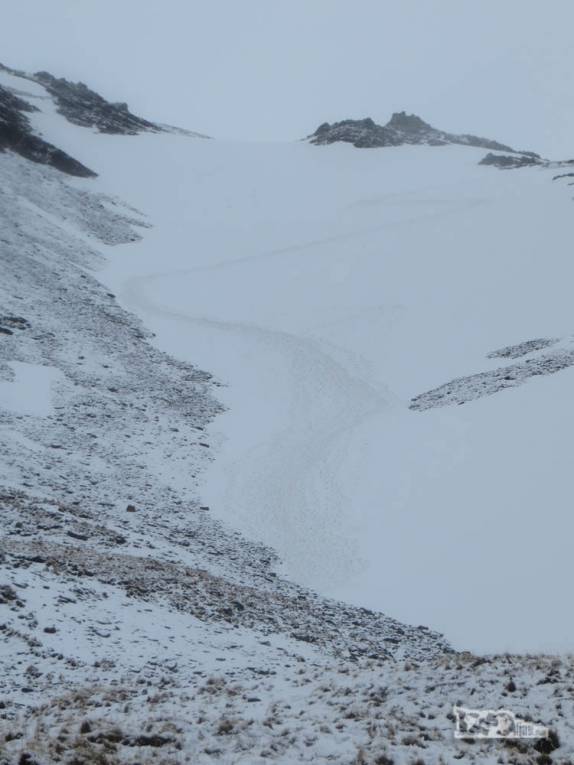 Os rastros de nossa descida pela encosta nevada da montanha rumo a Stromness, na Geórgia do Sul Os rastros de nossa descida pela encosta nevada da montanha rumo a Stromness, na Geórgia do Sul