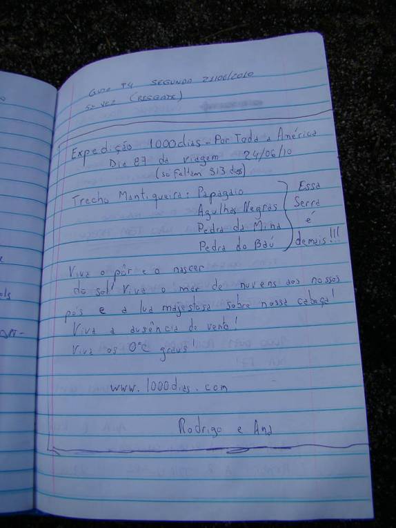 Recado deixado no livro no alto da Pedra da Mina em Passa Quatro - MG Recado deixado no livro no alto da Pedra da Mina em Passa Quatro - MG