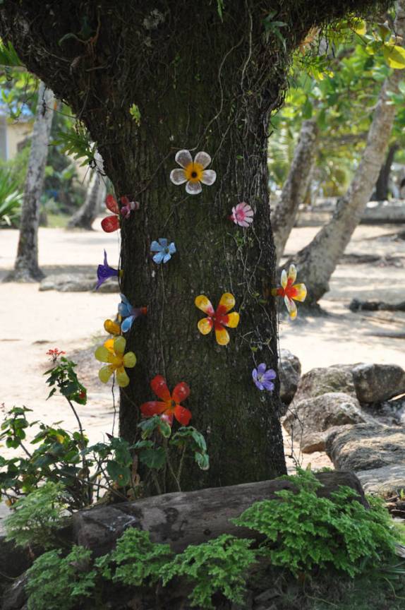 Reciclagem de pets decora árvores na Praia de Palmas, na Ilha Grande - RJ