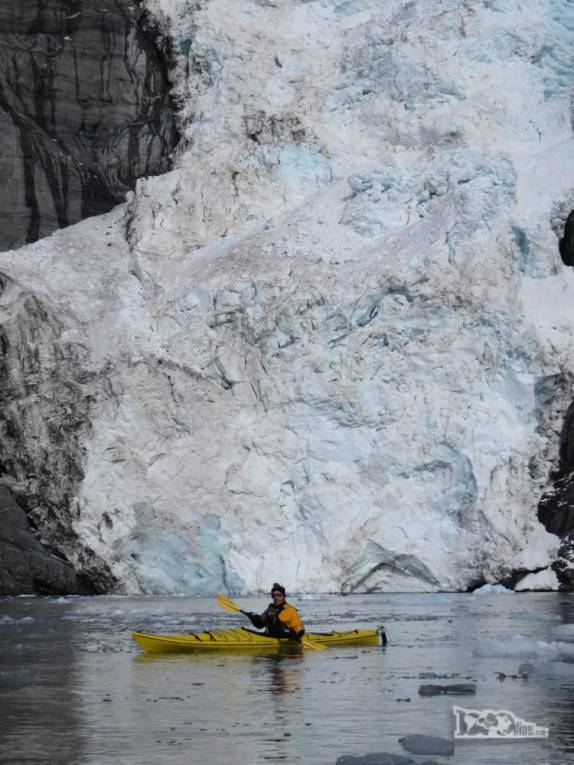 Remando ao lado da cascata de gelo em Gold Harbour, na Geórgia do Sul Remando ao lado da cascata de gelo em Gold Harbour, na Geórgia do Sul