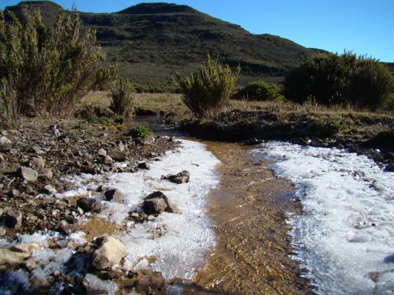 Riacho parcialmente congelado na parte alta do Parque Nacional de Chirripó, na Costa Rica